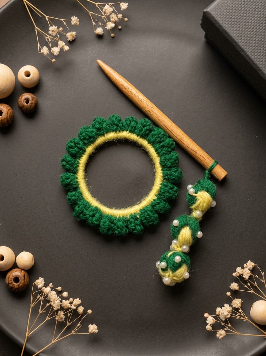 Leaf-green bobble-stitch crochet bun ring with yellow rim, wooden stick and pearl-dotted green-and-yellow tassel