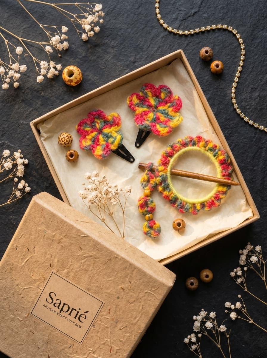 The Marigold Set gift box with the Marigold Bun Pin and two Marigold Bloom Clips nestled in tissue packaging